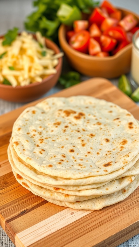 A stack of homemade tortillas on a cutting board with fresh ingredients for tacos.